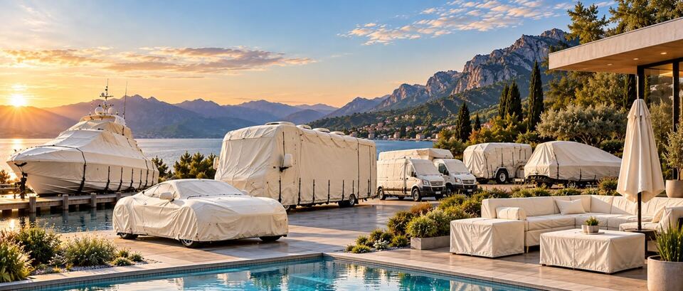 Covered vehicles, yacht, and patio furniture at sunset
